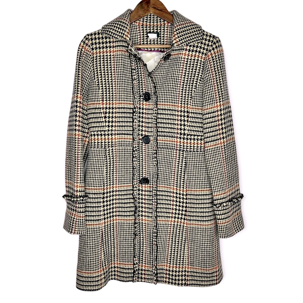 J. Crew Black and White Houndstooth Plaid Coat with Tan Accents